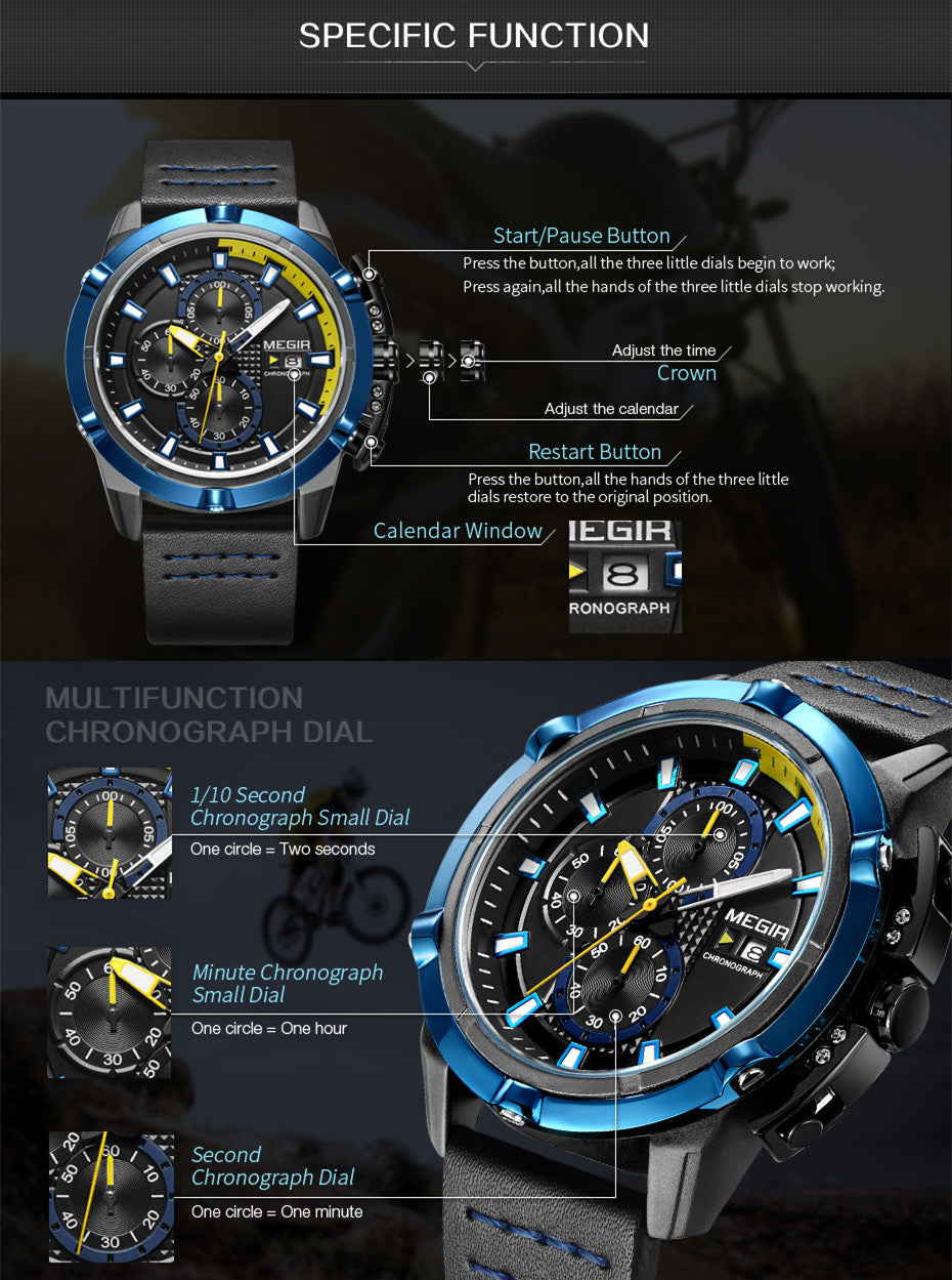 MEGIR Luxury Men's Watch Top Brand Fashion Sports Military Watches for Men Waterproof Quartz Wristwatch Leather Clock Man 2062