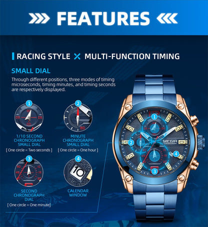 MEGIR Original Luxury Men Chronograph Stainless Steel Wristwatch Waterproof Luminous Quartz Watch Clock Calendar Reloj Hombre