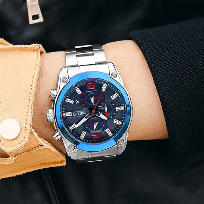 MEGIR Original Luxury Men Chronograph Stainless Steel Wristwatch Waterproof Luminous Quartz Watch Clock Calendar Reloj Hombre