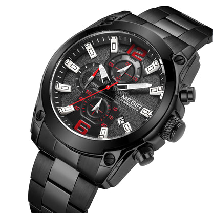 MEGIR Original Luxury Men Chronograph Stainless Steel Wristwatch Waterproof Luminous Quartz Watch Clock Calendar Reloj Hombre