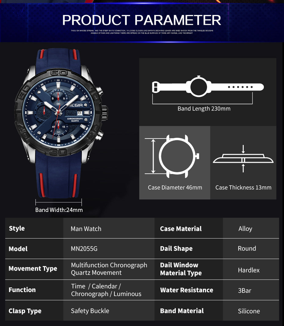 MEGIR Fashion Sport Watches for Men Top Brand Military Quartz Wristwatch Calendar Male Clock Chronograph Montre Homme 2055