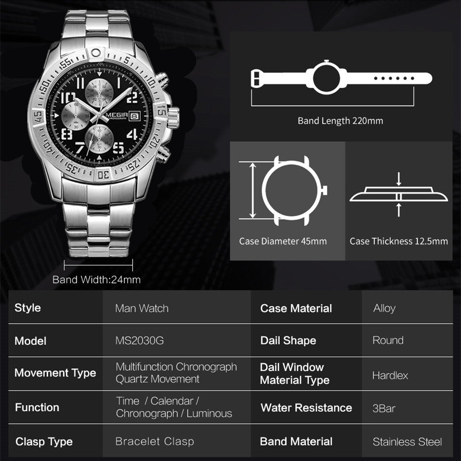 MEGIR Men's Business Quartz Watches Top Luxury Brand Casual Wristwatch Waterproof Date Clock Stainless Steel Man Chronograph