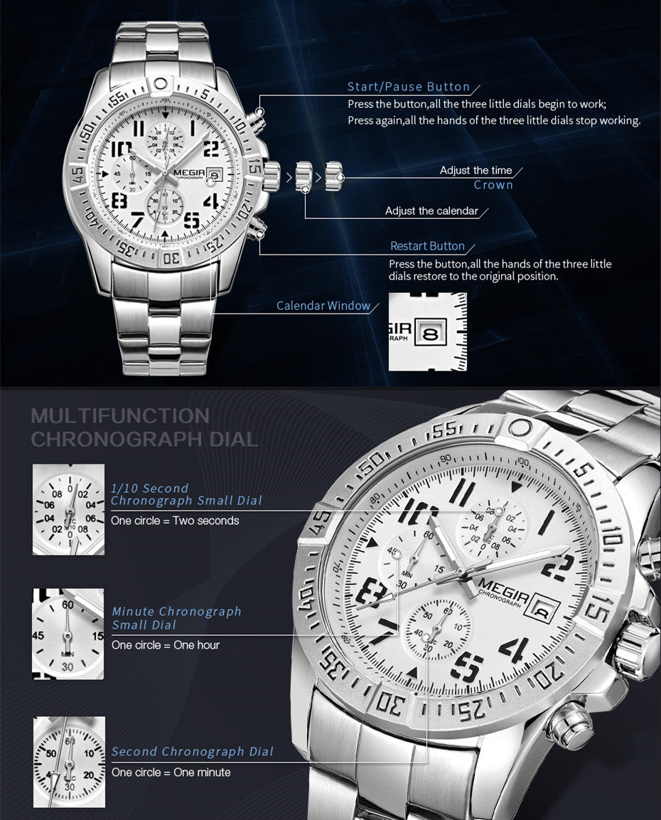 MEGIR Men's Business Quartz Watches Top Luxury Brand Casual Wristwatch Waterproof Date Clock Stainless Steel Man Chronograph