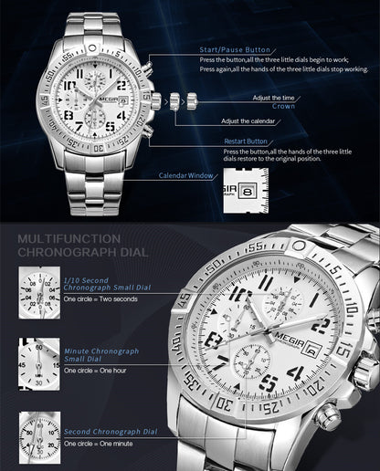 MEGIR Men's Business Quartz Watches Top Luxury Brand Casual Wristwatch Waterproof Date Clock Stainless Steel Man Chronograph
