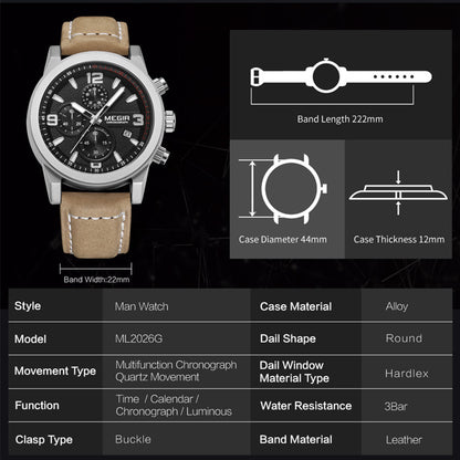 MEGIR Original Brand Luxury Watch Men's Sport Watches Leather Strap Watch Quartz Wristwatches Luminous Casual Relogio Masculino