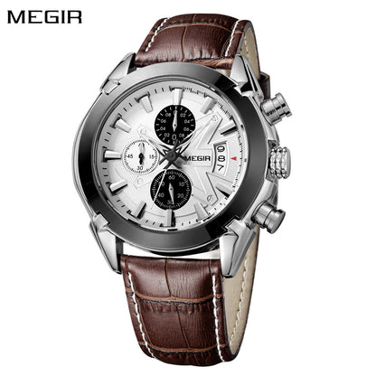 MEGIR Men Watches Original Fashion Leather Quartz Wristwatch Top Brand Military Chronograph Big Dial Sports Clock Reloj Hombre