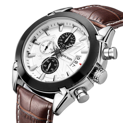 MEGIR Men Watches Original Fashion Leather Quartz Wristwatch Top Brand Military Chronograph Big Dial Sports Clock Reloj Hombre