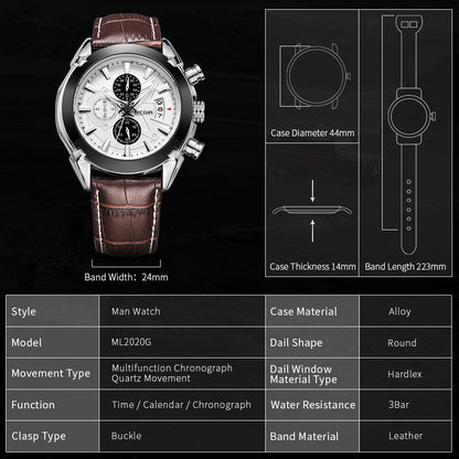 MEGIR Men Watches Original Fashion Leather Quartz Wristwatch Top Brand Military Chronograph Big Dial Sports Clock Reloj Hombre