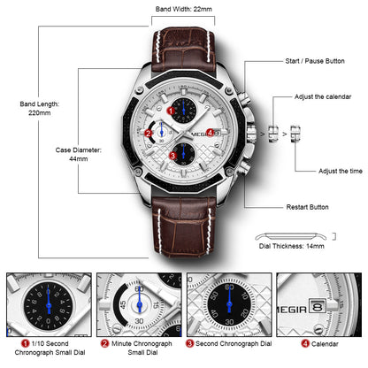 MEGIR Fashion Luxury Sport Watches Luxury Brand Waterproof Leather Chronograph Quartz Military Wristwatch Clock for Men 2015