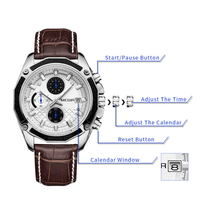 MEGIR Fashion Luxury Sport Watches Luxury Brand Waterproof Leather Chronograph Quartz Military Wristwatch Clock for Men 2015