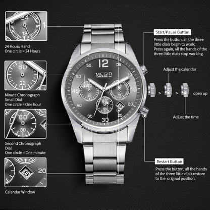 MEGIR Fashion Men Watches Luxury Stainless Steel Business Wristwatch Waterproof Date Quartz Man Clock Relogio Masculino