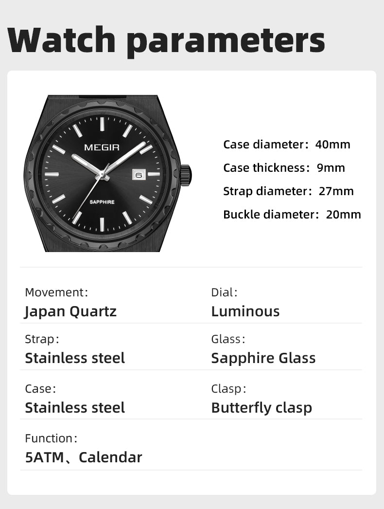 MEGIR Luxury Men Business Wrist Watch Stainless Steel Quartz Watches Waterproof Calendar Fashion Casual Wristwatch Reloj Hombre 8401