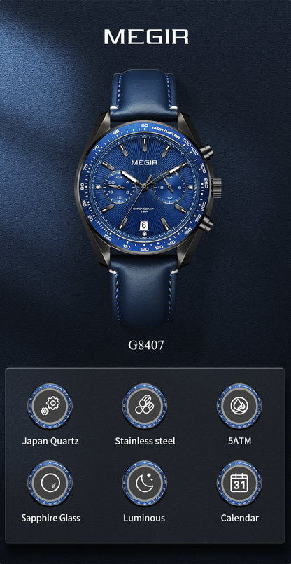 MEGIR Fashion Quartz Watch for Men Top Brand Luxury Sport Military Wristwatch Leather Strap Date Casual Clock Reloj Hombre 8407