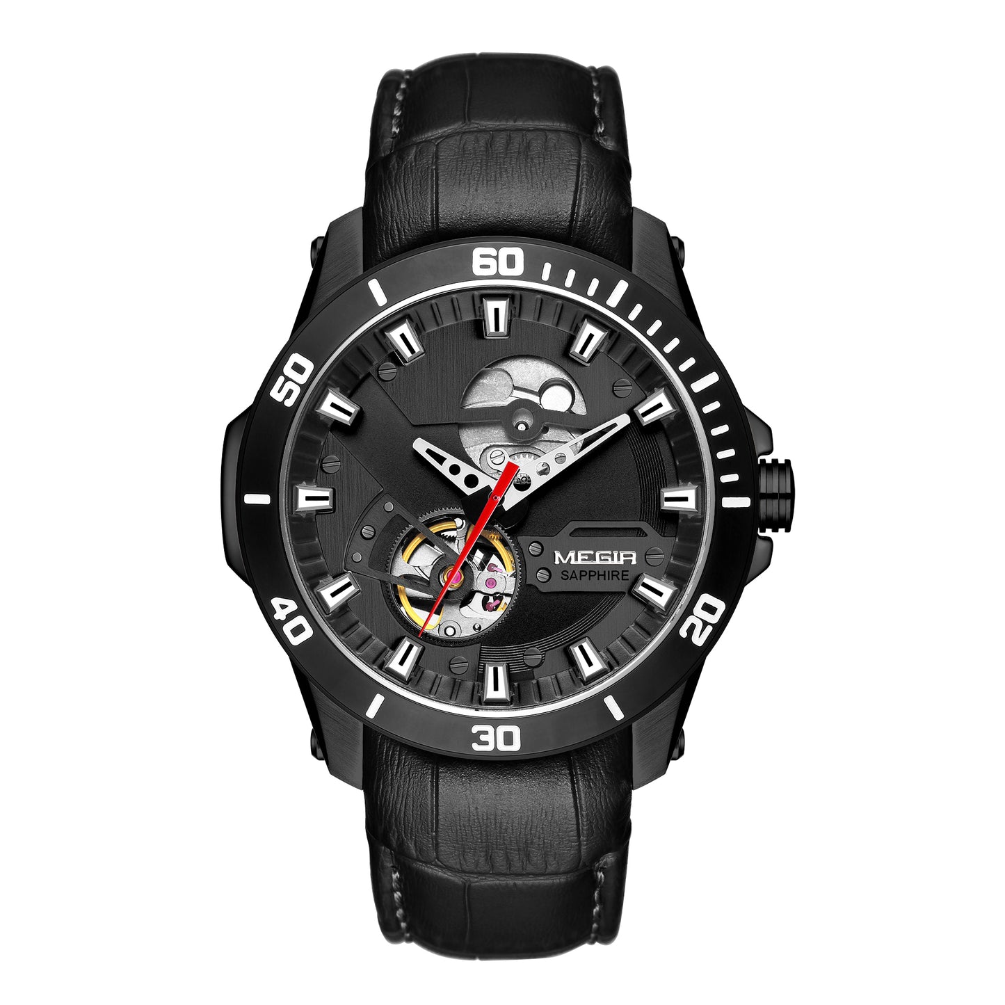 MEGIR Fashion Leather Watches for Men Sapphire Stainless Steel Automatic Mechanical Watch Sports Clock Montre Homme