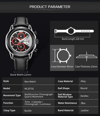 MEGIR Fashion Mens Military Sports Watches Luxury Leather Quartz Business Watch Chronograph Waterproof Luminous Date Wristwatch