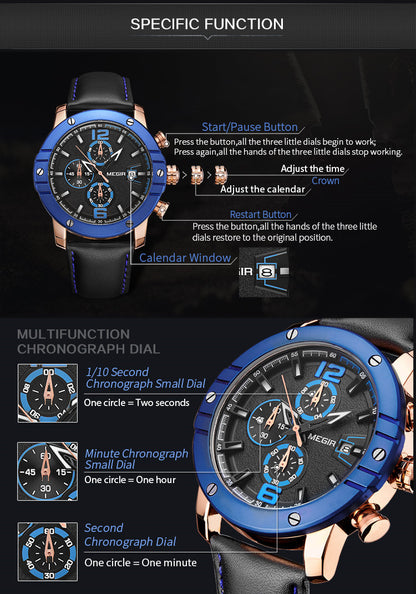MEGIR Fashion Men's Quartz Watch Top Brand Luxury Business Casual Wristwatch Leather Strap Military Sports Watch Male Clock 2046