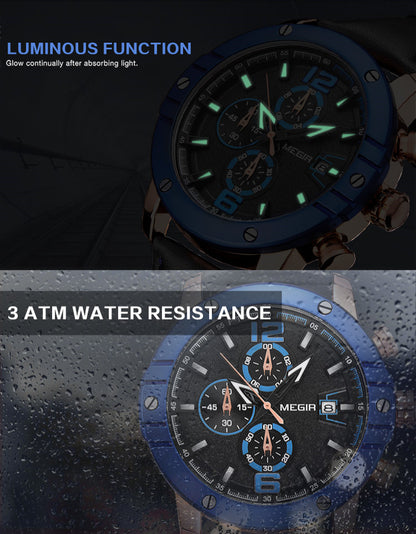 MEGIR Fashion Men's Quartz Watch Top Brand Luxury Business Casual Wristwatch Leather Strap Military Sports Watch Male Clock 2046