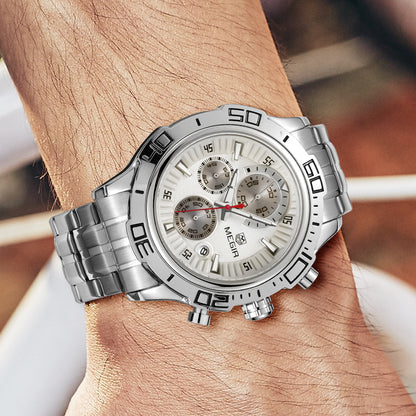 MEGIR Luxury Business Watch for Men Fashion Casual Clock Stainless Steel Calendar Luminous Chronograph Quartz Sport WristWatches