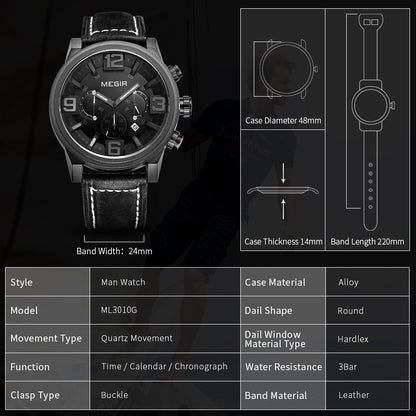 MEGIR Luxury Men's Watch Fashion Simple Casual Sports Watches for Mens Leather Strap Waterproof Quartz Chronograph Clock 3010