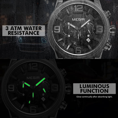 MEGIR Luxury Men's Watch Fashion Simple Casual Sports Watches for Mens Leather Strap Waterproof Quartz Chronograph Clock 3010