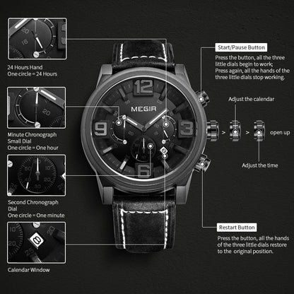 MEGIR Luxury Men's Watch Fashion Simple Casual Sports Watches for Mens Leather Strap Waterproof Quartz Chronograph Clock 3010