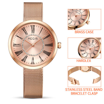 MEGIR Luxury Women Watches Fashion Quartz Watch Ladies Clock Stainless Steel Waterproof Female Watch Relogio Feminino 7014