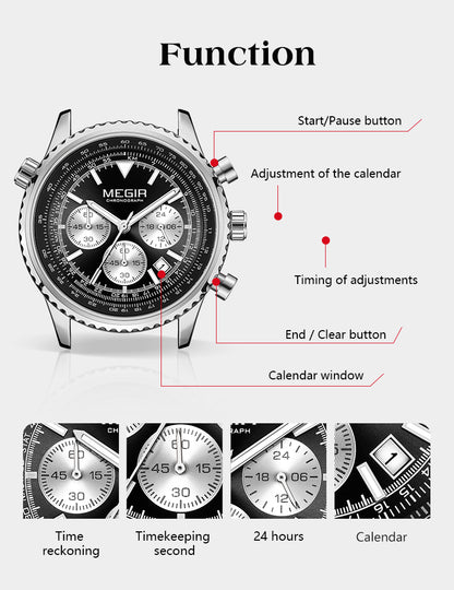 MEGIR Luxury Watches Men Fashion Silicone Band Quartz Military WristWatch Waterproof Big Dial Sport Chronograph with Date Clock