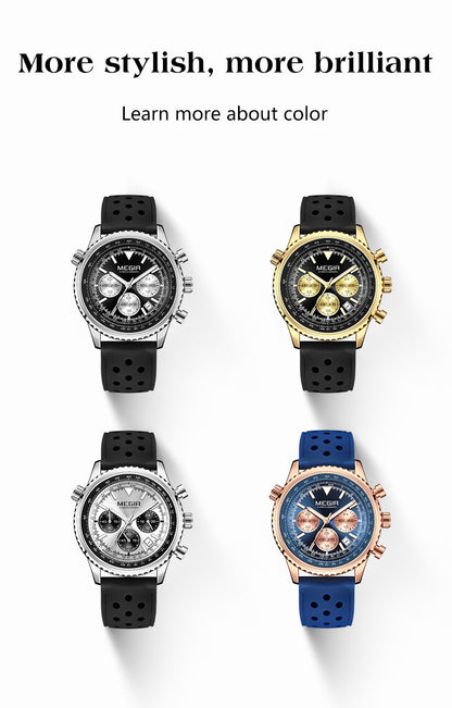 MEGIR Luxury Watches Men Fashion Silicone Band Quartz Military WristWatch Waterproof Big Dial Sport Chronograph with Date Clock