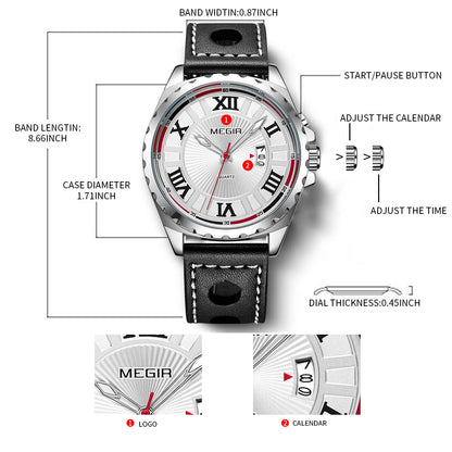 MEGIR Sport Men Watch Top Brand Leather Quartz Watches Man Clock Time Fashion Military Wristwatches Calendar Reloj Hombre 1019