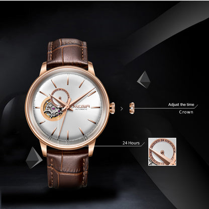 MEGIR Automatic Men's Watch Mechanical Movement Leather Strap Luxury Business Watches 5ATM Waterproof Big Dial Clock Wristwatch