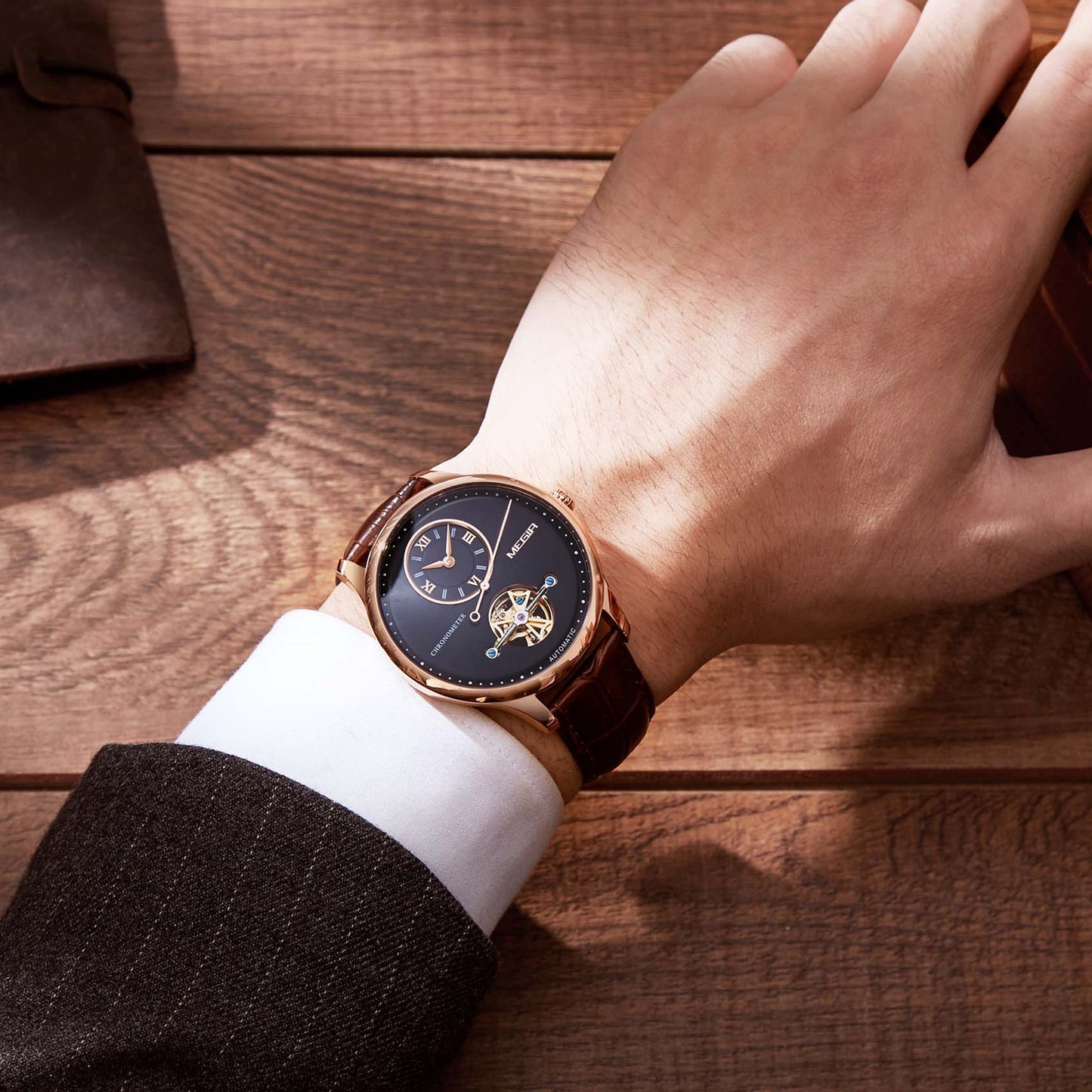 MEGIR Luxury Brand Men Mechanical Watches Multi-function Clock Wrist Watch Leather Automatic Movement Waterproof Wristwatch