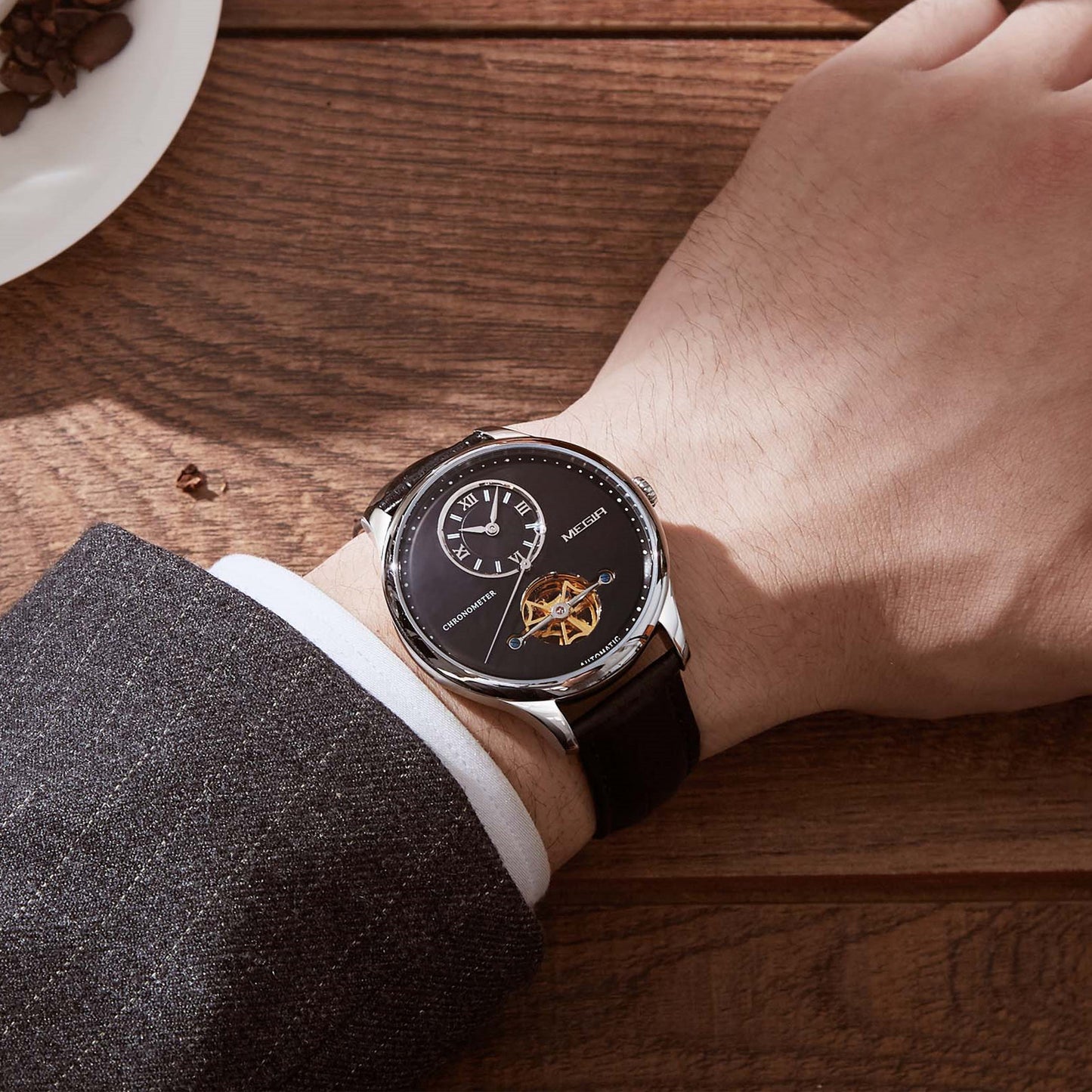 MEGIR Luxury Brand Men Mechanical Watches Multi-function Clock Wrist Watch Leather Automatic Movement Waterproof Wristwatch
