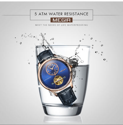 MEGIR Luxury Brand Men Mechanical Watches Multi-function Clock Wrist Watch Leather Automatic Movement Waterproof Wristwatch