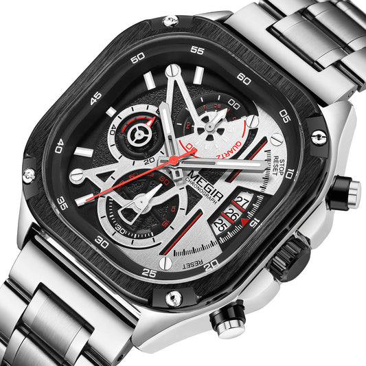MEGIR Luxury Mens Stainless Steel Watches Business Quartz DateChronograph 2217