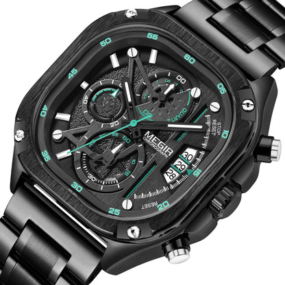 MEGIR Luxury Mens Stainless Steel Watches Fashion Brand Business Quartz Wristwatch Date Luminous Man Chronograph Casual Clock
