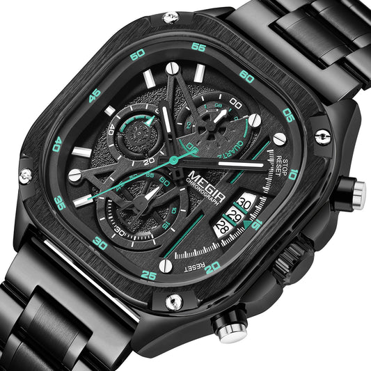MEGIR Luxury Mens Stainless Steel Watches Business Quartz DateChronograph 2217