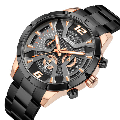 MEGIR Stainless Steel Watch for Men Luxury Business Watch Casual Quartz Date Clock Chronograph Big Dial Wristwatch Reloj Hombre