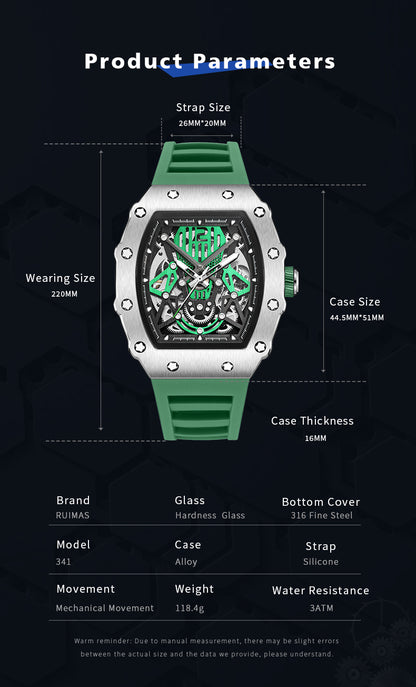 RUIMAS Luxury Watch Men Fashion Automatic Mechanical Watches Clock Silicone Strap Sport Casual Wristwatch Big Dial Reloj Hombre