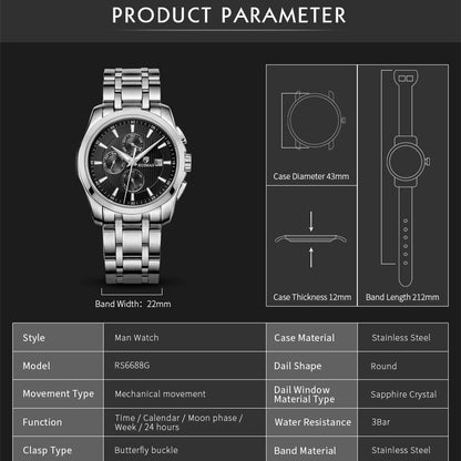 RUIMAS Stainless Steel Band Business Casual Watch for Men Waterproof Luxury Automatic Mechanical Wrist Watches Relogio Masculino