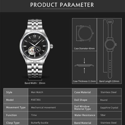RUIMAS Luxury Men Mechanical Watches Sapphire Glass Stainless Steel Bracelet Business Casual WristWatch Clock Montre Homme