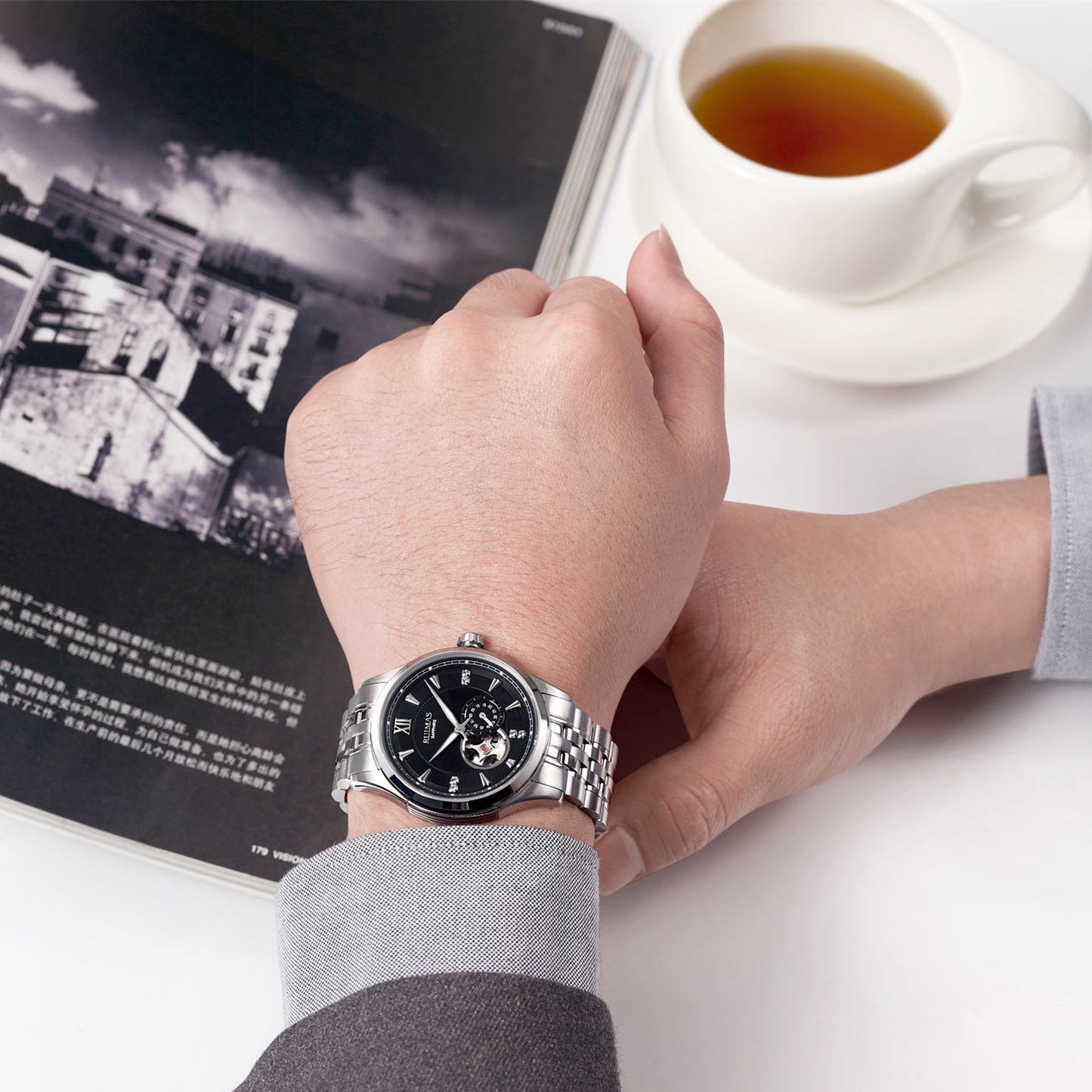 RUIMAS Luxury Men Mechanical Watches Sapphire Glass Stainless Steel Bracelet Business Casual WristWatch Clock Montre Homme