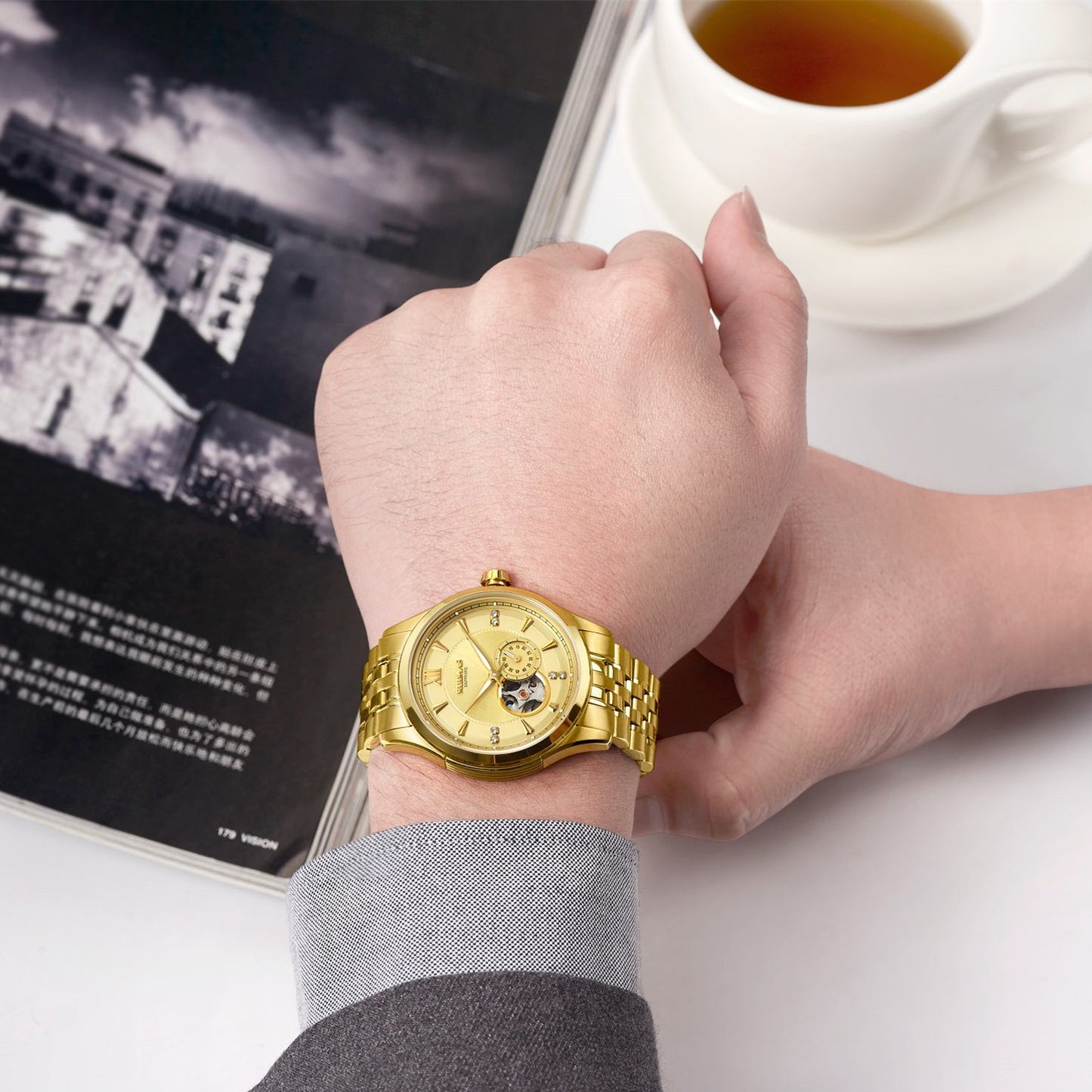 RUIMAS Luxury Men Mechanical Watches Sapphire Glass Stainless Steel Bracelet Business Casual WristWatch Clock Montre Homme