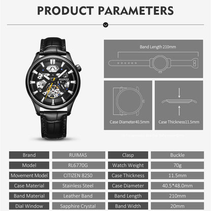 RUIMAS Men Mechanical Wristwatch Fashion Casual Leather Band Watch Luxury Sport Wrist Watch Chronograph Luminous Man Clock 6770