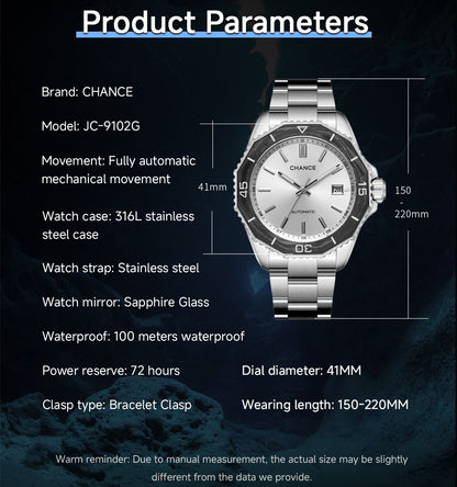 CHANCE Automatic Mechanical Watches Movement 10Bar Waterproof Stainless Steel Sapphire Glass Business Wristwatch Clock