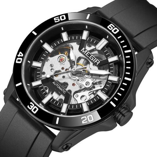 MEGIR Fashion Hollow Out Mechanical Watch for Men Stainless Steel Case Sapphire Full Automatic Wristwatch Relogio Masculino 8605