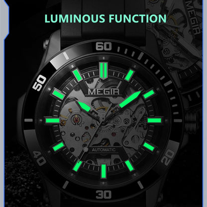 MEGIR Fashion Hollow Out Mechanical Watch for Men Stainless Steel Case Sapphire Full Automatic Wristwatch Relogio Masculino 8605