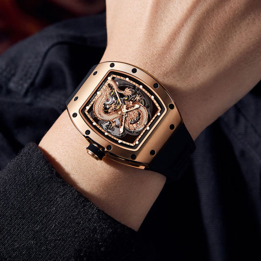 New Automatic Mechanical Skeleton Men Watch Luxury Stainless Steel Case Tonneau Dial Wristwatch Waterproof Sport Watches 9190-15