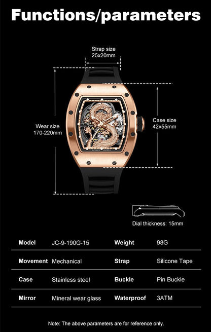 New Automatic Mechanical Skeleton Men Watch Luxury Stainless Steel Case Tonneau Dial Wristwatch Waterproof Sport Watches 9190-15
