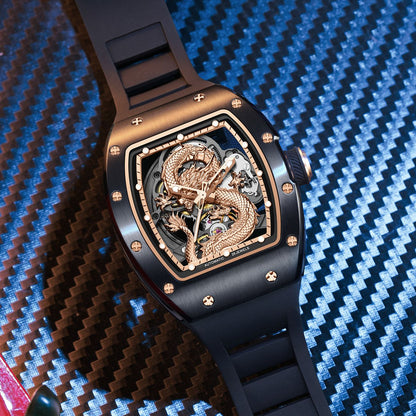 New Automatic Mechanical Skeleton Men Watch Luxury Stainless Steel Case Tonneau Dial Wristwatch Waterproof Sport Watches 9190-15