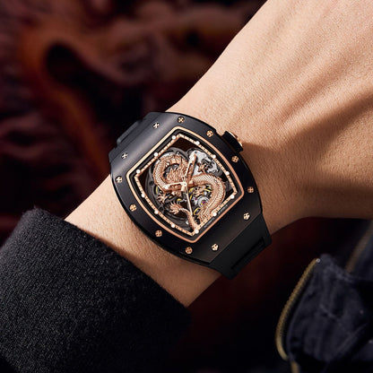 New Automatic Mechanical Skeleton Men Watch Luxury Stainless Steel Case Tonneau Dial Wristwatch Waterproof Sport Watches 9190-15